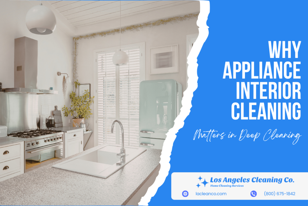 Modern kitchen with vintage fridge and sleek appliances, illustrating appliance cleaning and deep cleaning services by Los Angeles Cleaning Company.