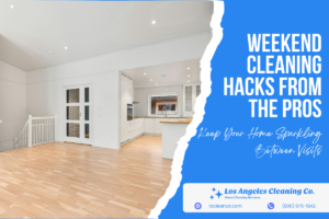 Bright modern kitchen with wooden floors and white cabinets promoting Weekend Cleaning Hacks by Los Angeles Cleaning Company.