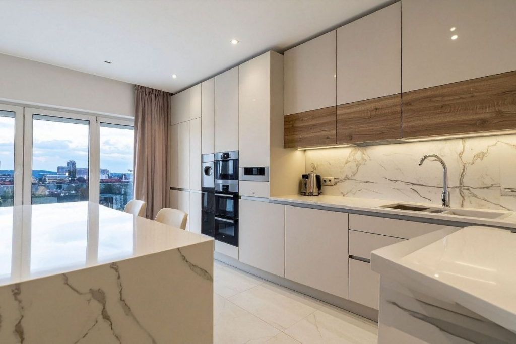 Marble kitchen countertops are polished using chemical-free cleaning services for safe food preparation.