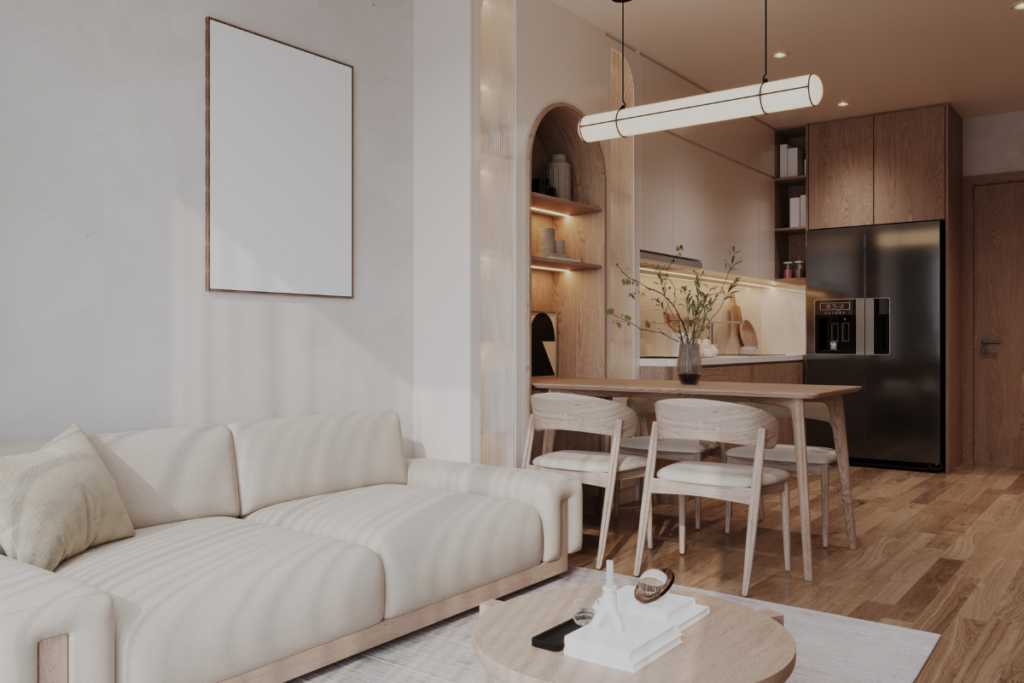 Minimalist apartment interior with wood accents, refreshed by plant-based eco-cleaning services.
