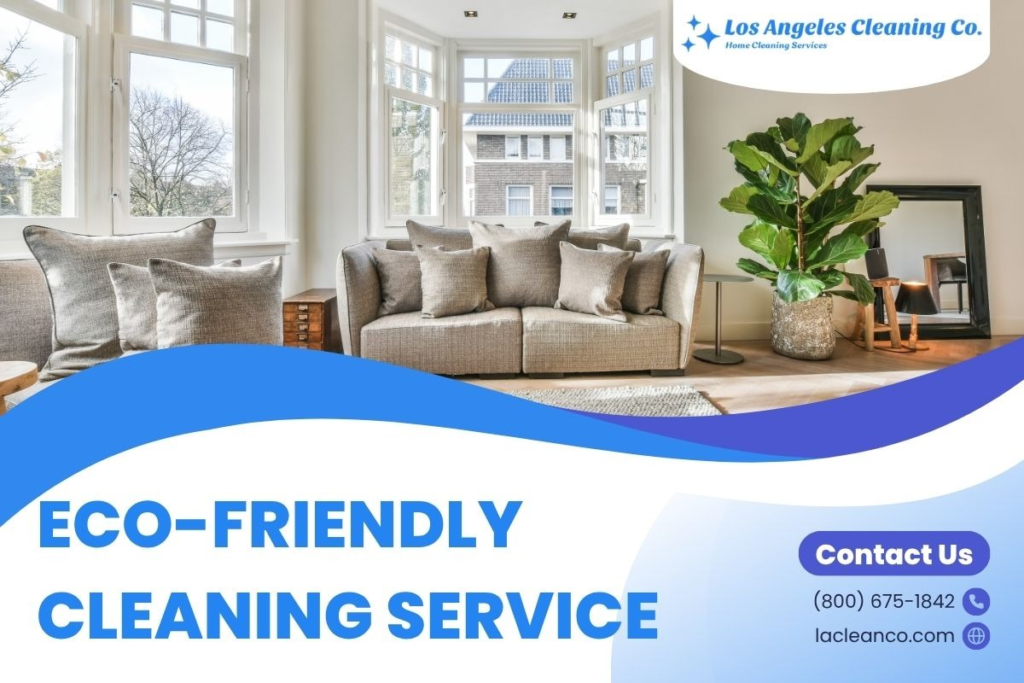 Banner for an eco-friendly cleaning service showing a bright, clean living room by Los Angeles Cleaning Co.