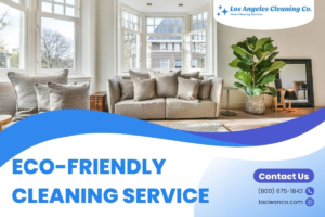 Banner for an eco-friendly cleaning service showing a bright, clean living room by Los Angeles Cleaning Co.