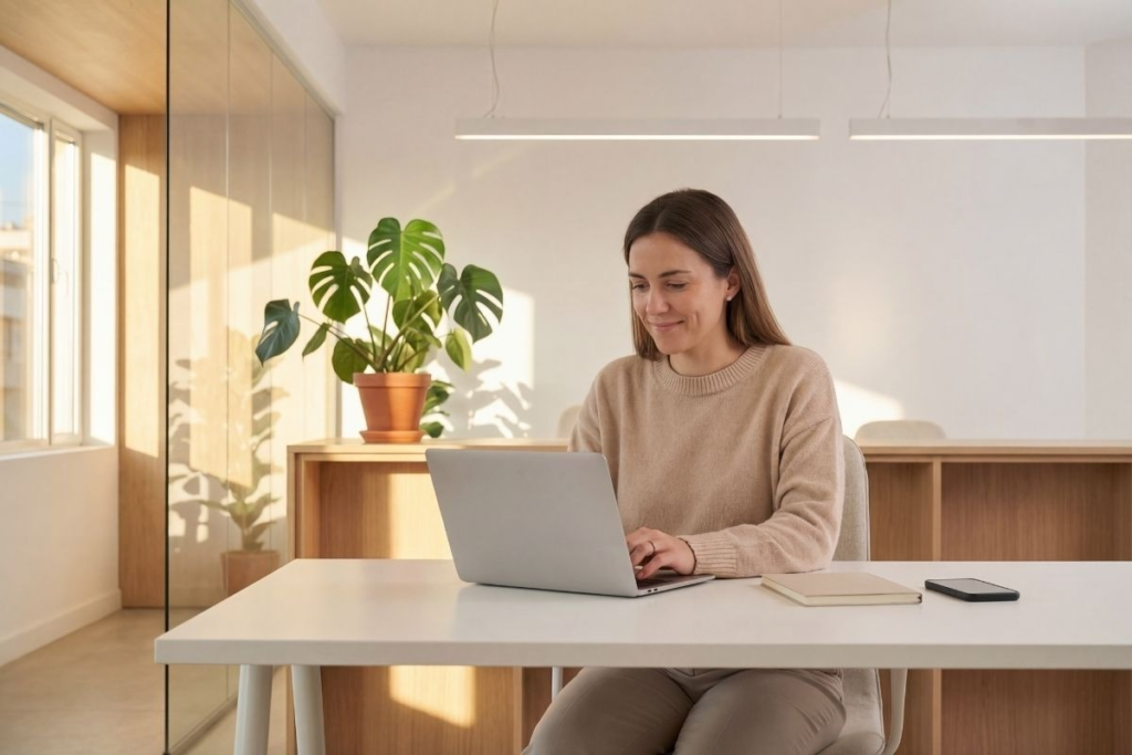 A person sits at a white desk in a well-lit office and types on a laptop. A monstera plant in a terracotta pot sits on a wooden shelf to the left of the person.