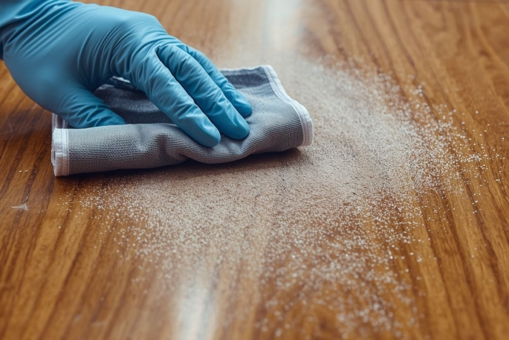 A hand wearing a blue glove wipes sugar off a wooden table with a gray cloth.