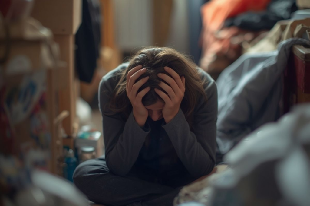 A person sits on the floor with their head in their hands, surrounded by clutter.