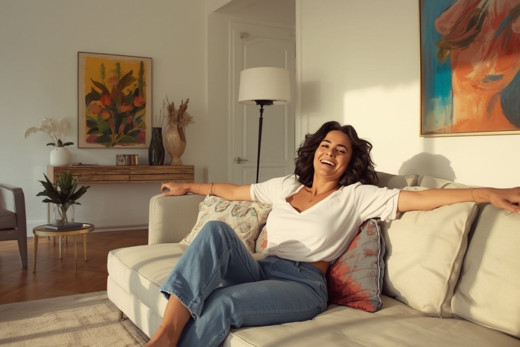 A person relaxes on a cream-colored sofa in a sunlit room, with abstract art on the walls and a floor lamp nearby.