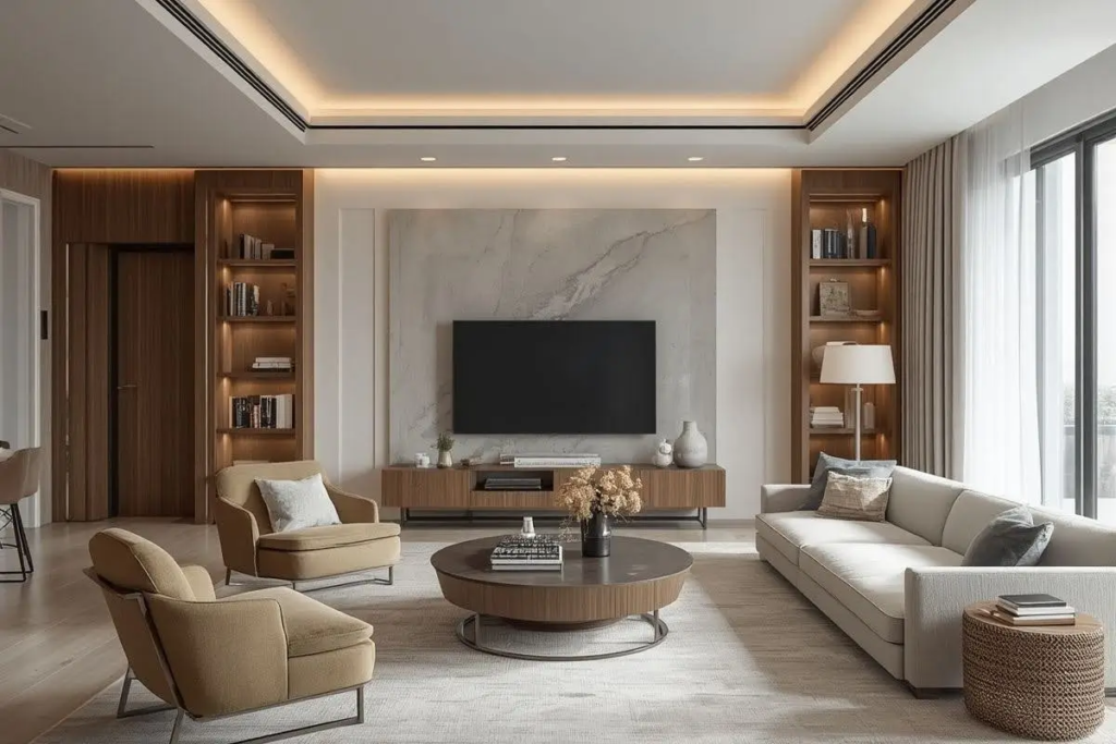A modern, minimalist living room featuring a wall-mounted flat-screen TV on a marble accent wall, flanked by two built-in wooden bookshelves with warm accent lighting. The space includes a light beige sofa, two tan armchairs, a round wooden coffee table on a large area rug, and tray ceiling lighting