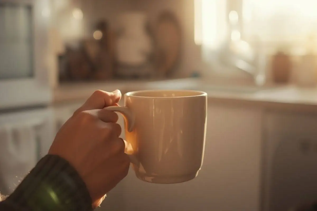 
Close-up of a hand wearing a green knit sweater holding a ceramic mug filled with a warm beverage, set against a softly blurred, sunlit kitchen background with warm morning light
