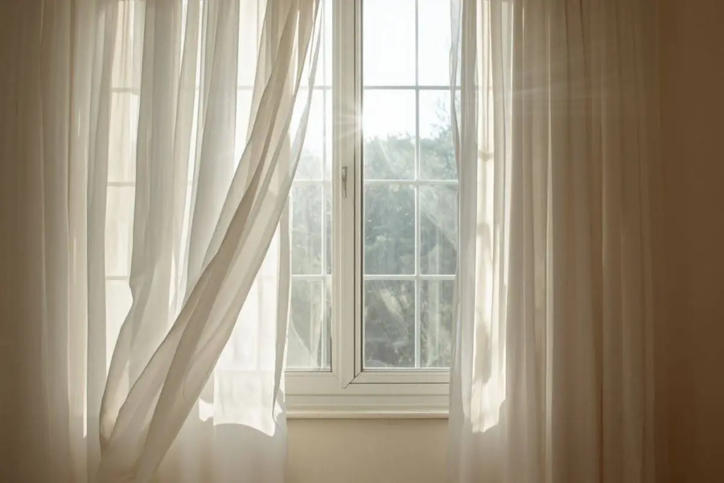 Bright sunlight streaming through a large white window with sheer white curtains gently blowing in a breeze, revealing a soft view of green trees outside