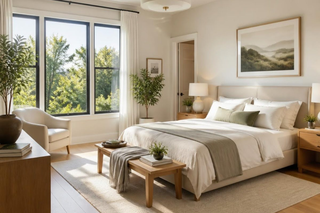 Bright, modern bedroom featuring a bed with crisp white linens, a wooden bench, large black-framed windows, and potted house plants.