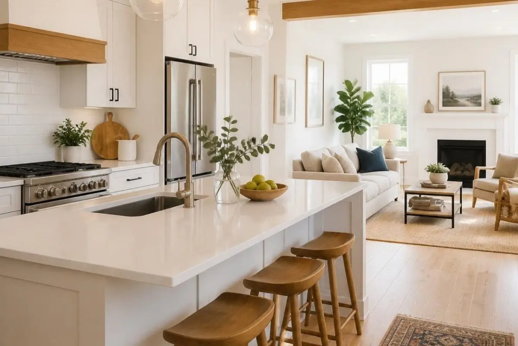 Modern open-concept kitchen island with wooden bar stools leading into a bright living room with a beige sofa and fireplace.