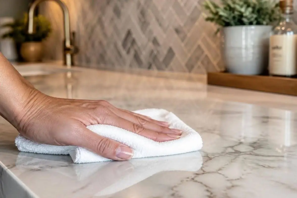 A hand holding a white cloth wipes a marble countertop near a sink and backsplash.