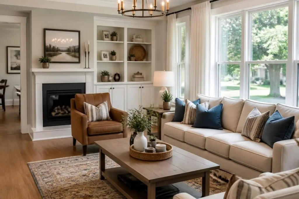 Elegantly styled living room featuring a cream sofa with blue pillows, a brown leather armchair, a fireplace, and built-in white shelves.