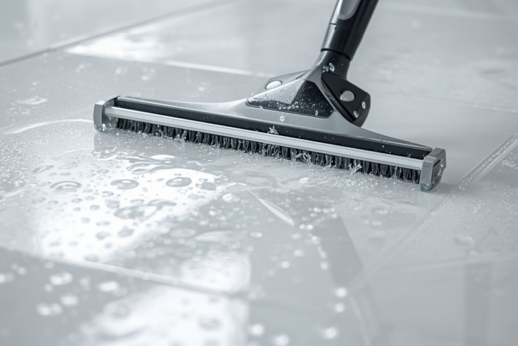 A close-up shot of a black squeegee brush attachment scrubbing soapy water across a glossy, light-colored tile floor