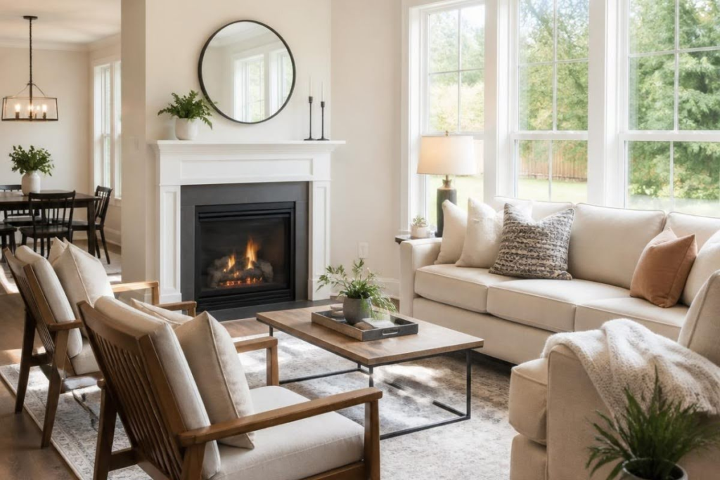 Bright, modern living room with neutral armchairs, a white sofa, a wooden coffee table, and a gas fireplace below a round mirror.