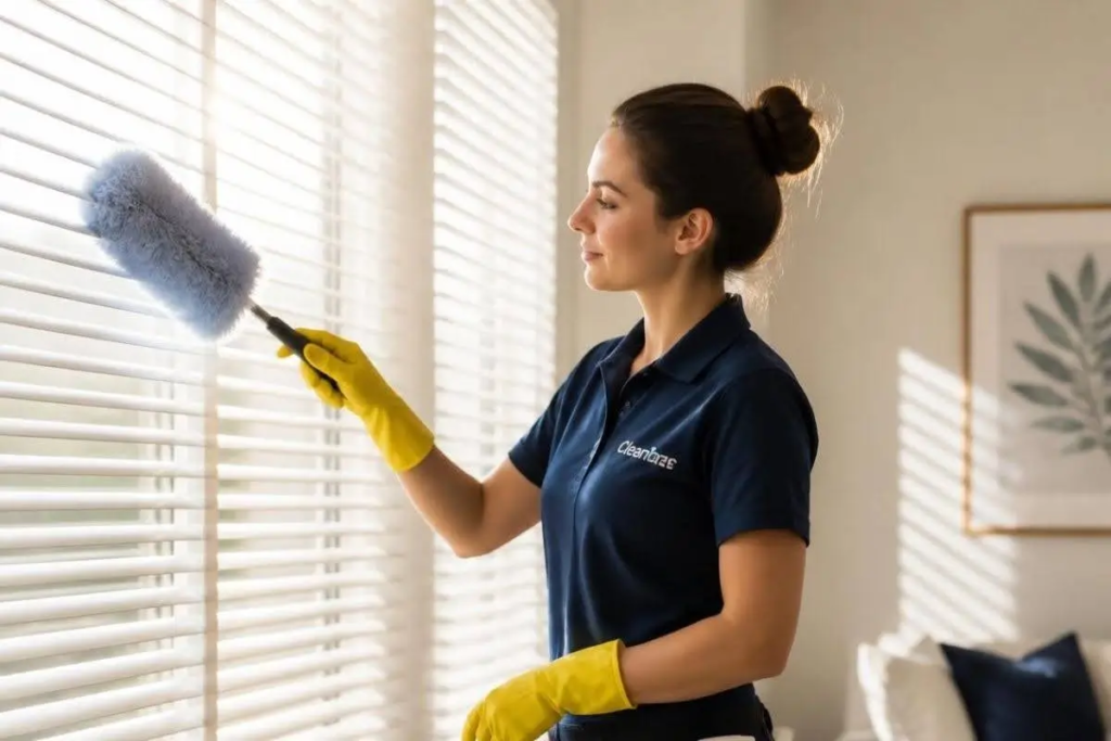 Professional cleaner in a dark blue polo and yellow gloves using a micro-fiber duster on white window blinds.