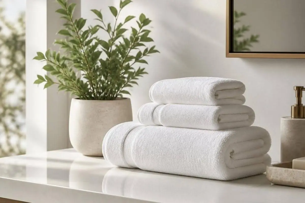 A stack of three white towels sits on a countertop next to a potted green plant and a soap dispenser.