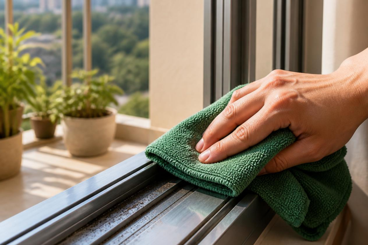 Hand using a green microfiber cloth to wipe down a dusty sliding window track.