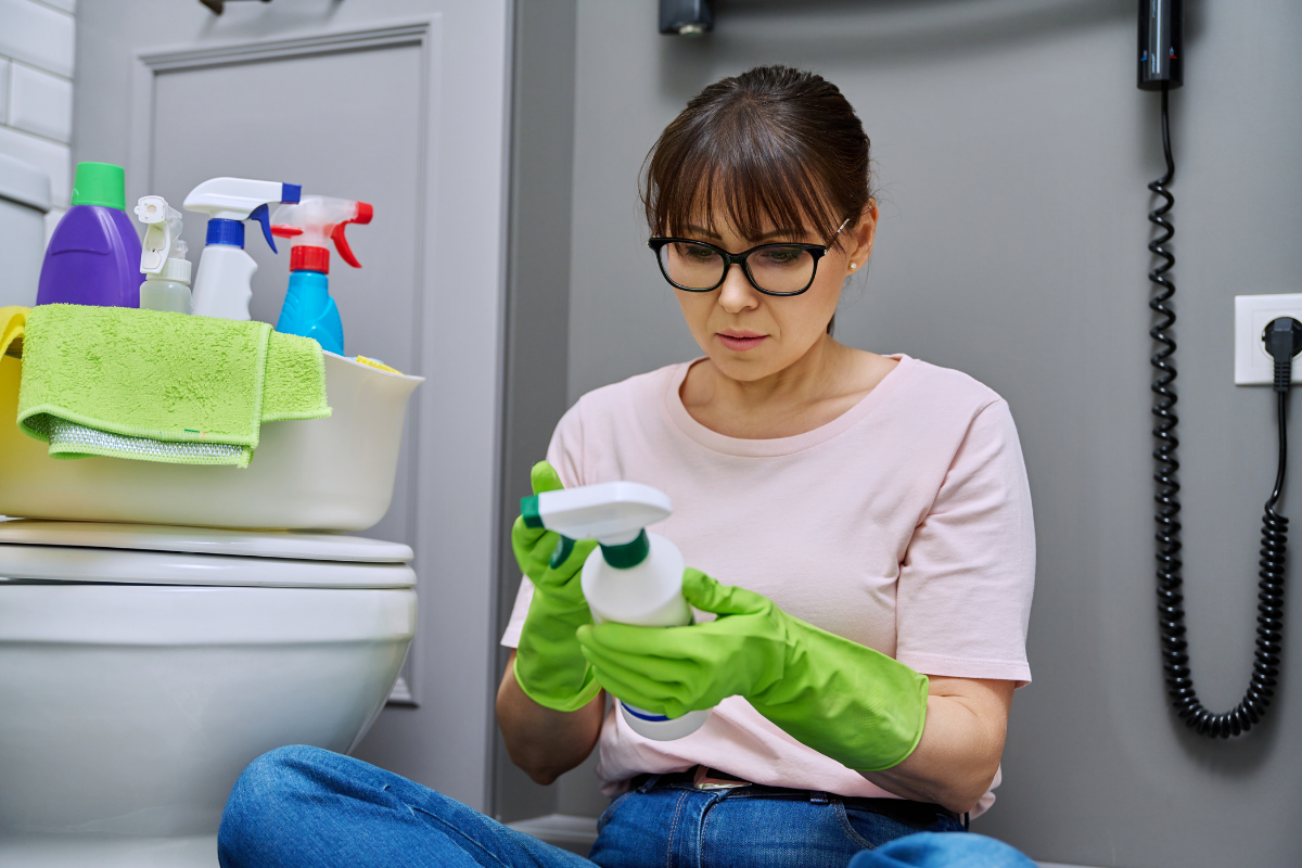 Woman wearing glasses and green gloves inspecting a cleaning spray bottle label while sitting on the bathroom floor.