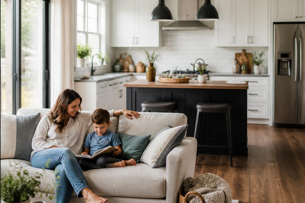 Mother sitting on a couch reading a book with her young son in a warm, open-concept modern home with a spotless kitchen in the background.