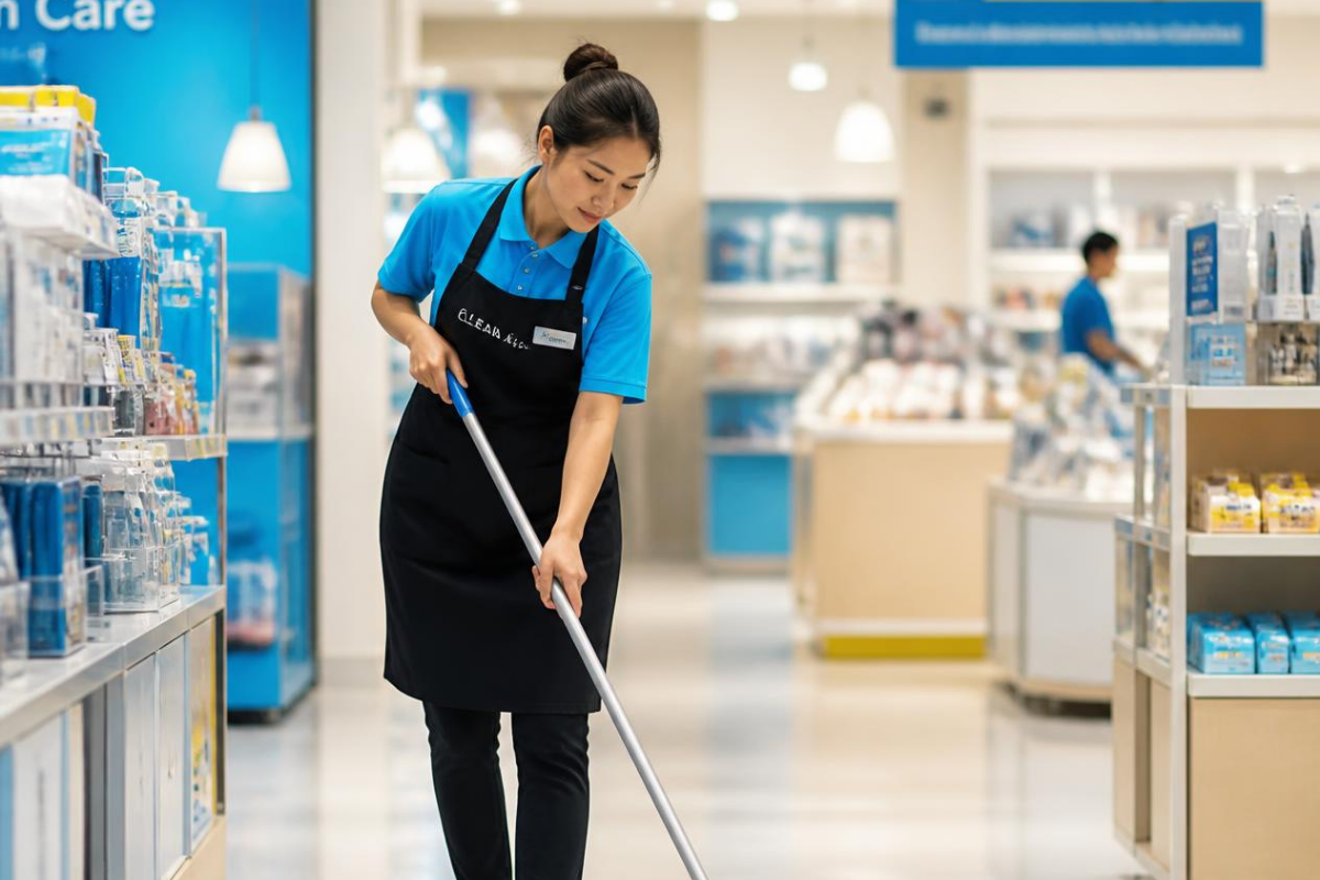 Retail employee in a blue shirt and black apron sweeping the floor inside a store.