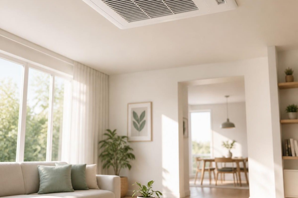 Clean white ceiling air vent unit installed in a bright, modern living room with large windows and neutral decor.