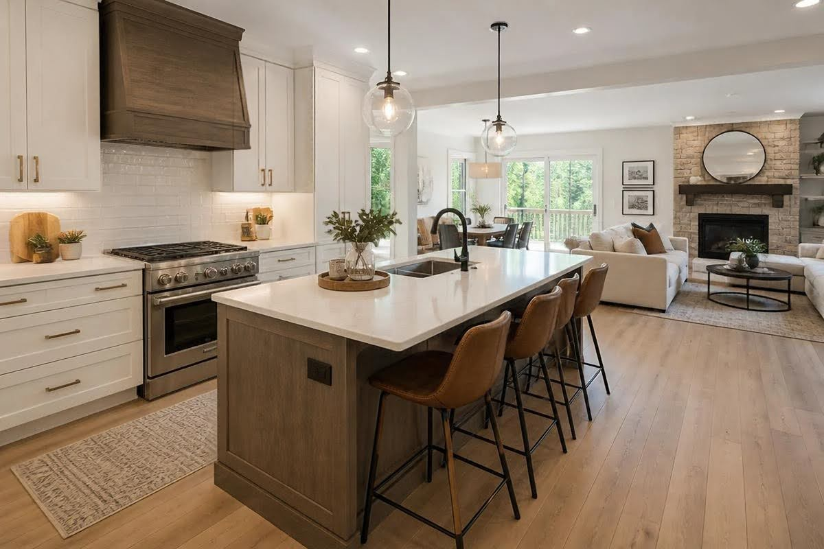 Spacious, modern open-concept kitchen featuring clean white countertops, a wood-accented island with leather barstools, and spotless hardwood flooring leading to a living area.
