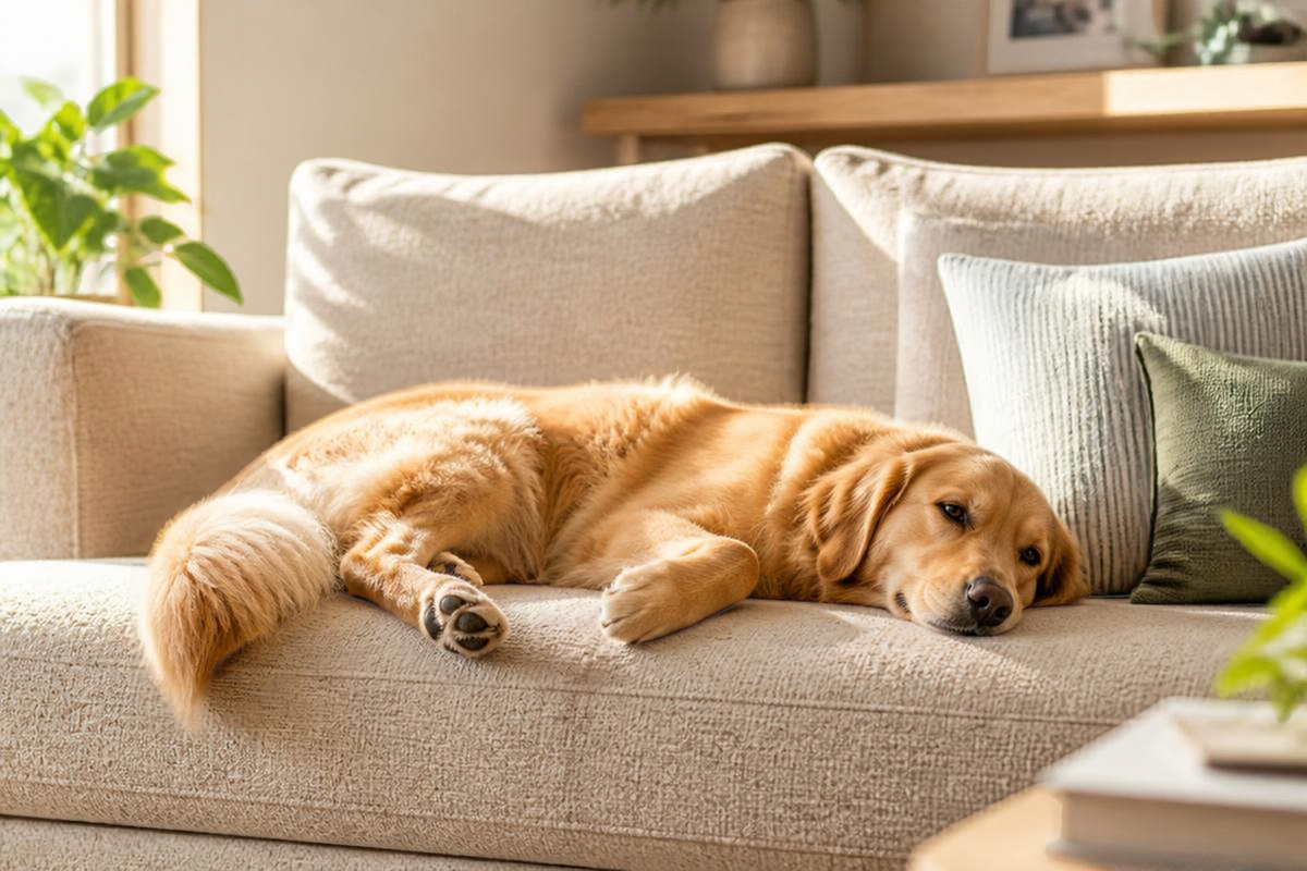 Golden retriever resting peacefully on a clean, sunlit sofa in a brightly lit living room.