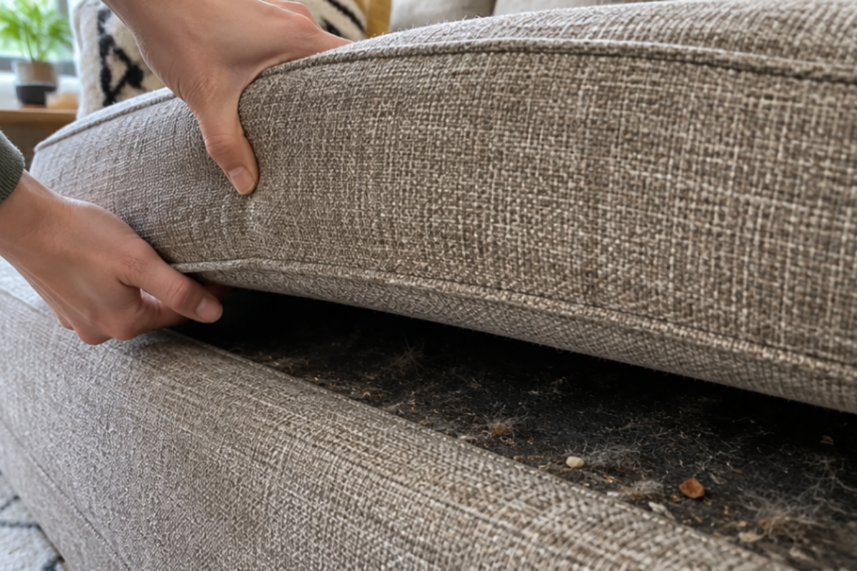 Hands lifting a sofa cushion to reveal accumulated pet hair, crumbs, and fine dust underneath.