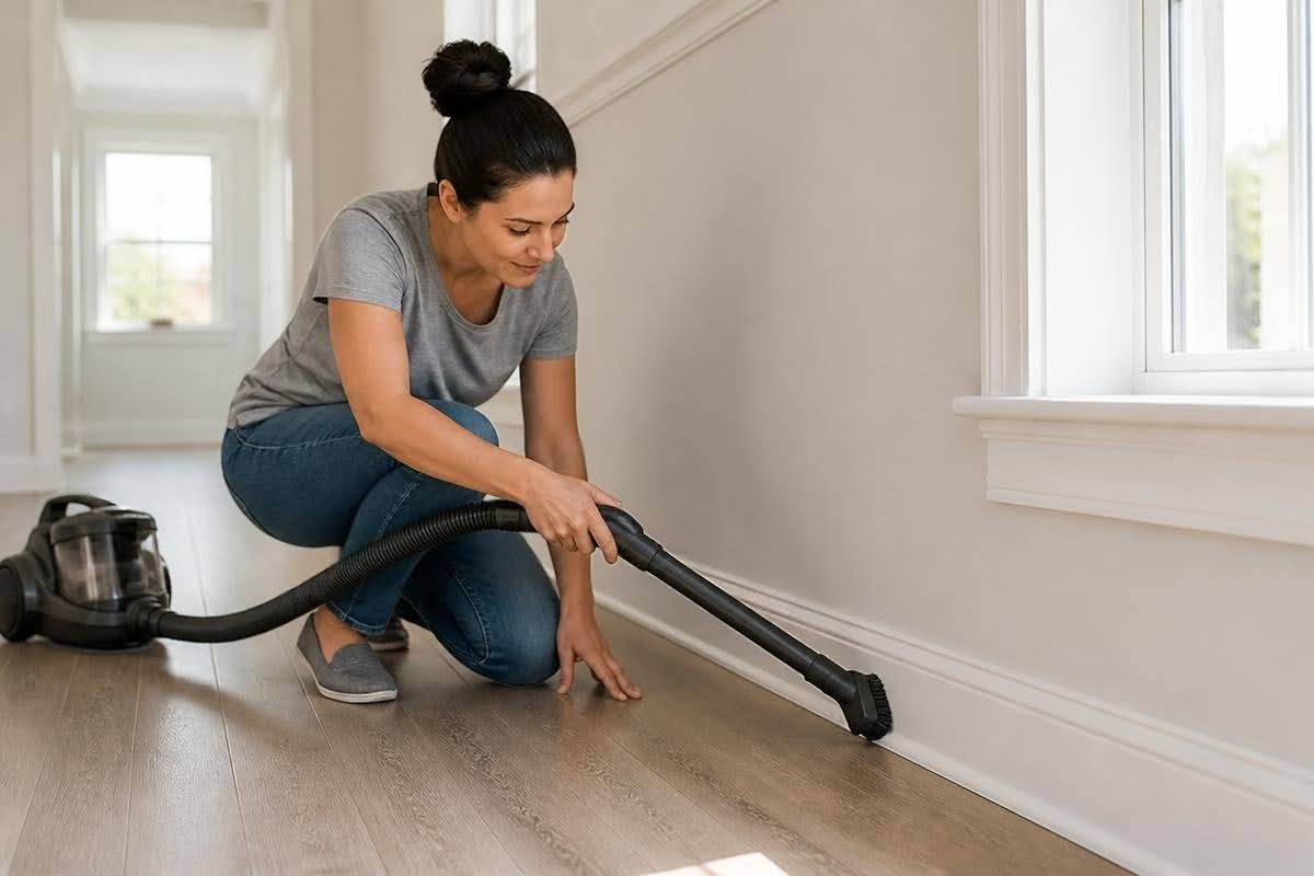 Woman kneeling on hardwood floor using a canister vacuum hose brush attachment to clean fine dust along white baseboards.