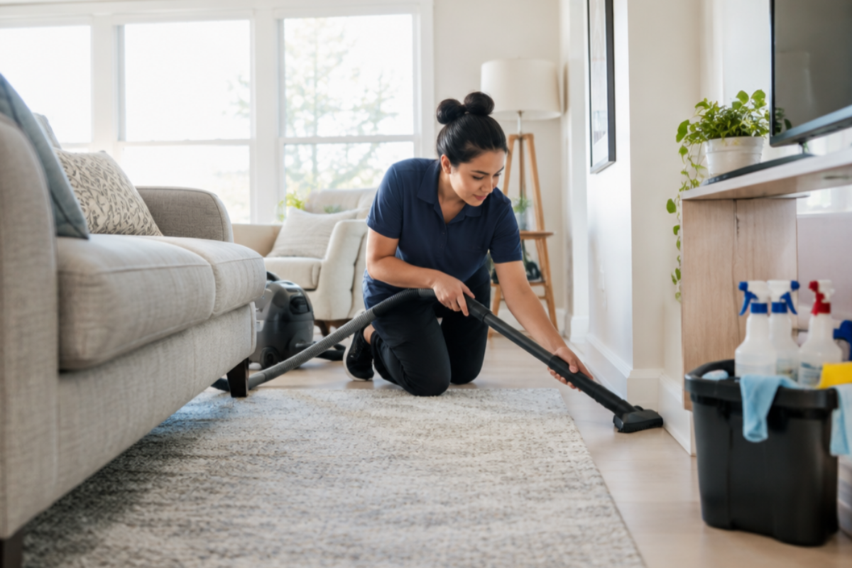 Professional housekeeper kneeling on rug to vacuum along baseboards with spray bottles nearby.
